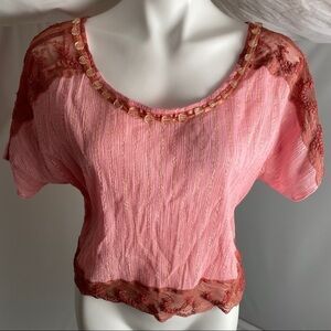 Free People pink embellished lace and lurex crop top
